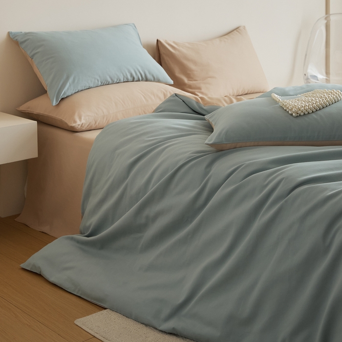 91家纺网 家纺一手货源 找家纺 眷恋家纺 2025新款A类全棉贡缎磨毛双拼色四件套 蓝黛