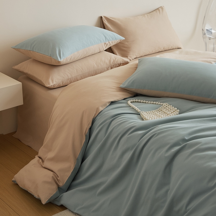 91家纺网 家纺一手货源 找家纺 眷恋家纺 2025新款A类全棉贡缎磨毛双拼色四件套 蓝黛