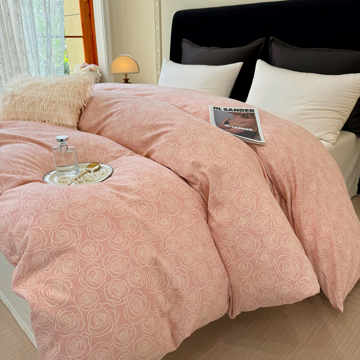 91家纺网 家纺一手货源 找家纺 壹贝家纺 2025新款A类100%全棉纯棉磨毛被套单被套被套单件 玫瑰情缘-粉