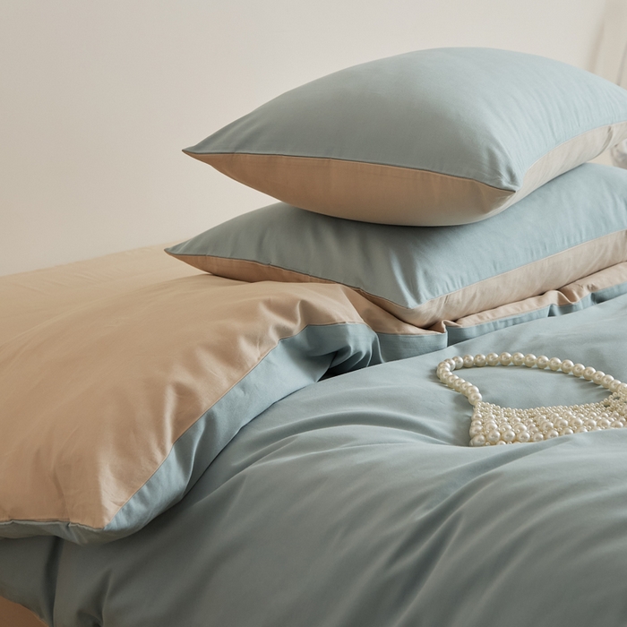 91家纺网 家纺一手货源 找家纺 眷恋家纺 2025新款A类全棉贡缎磨毛双拼色四件套 蓝黛