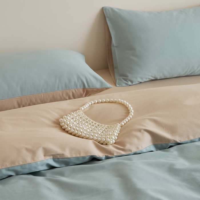 91家纺网 家纺一手货源 找家纺 眷恋家纺 2025新款A类全棉贡缎磨毛双拼色四件套 蓝黛