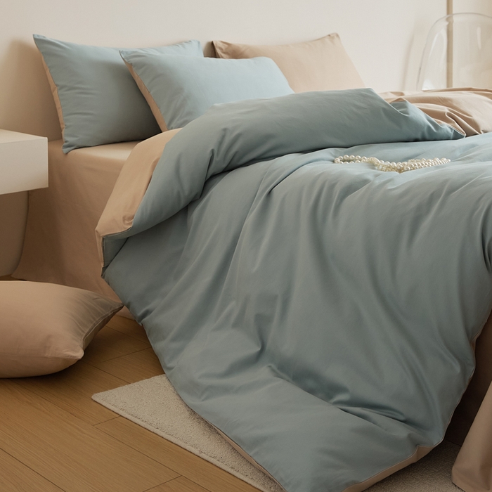 91家纺网 家纺一手货源 找家纺 眷恋家纺 2025新款A类全棉贡缎磨毛双拼色四件套 蓝黛