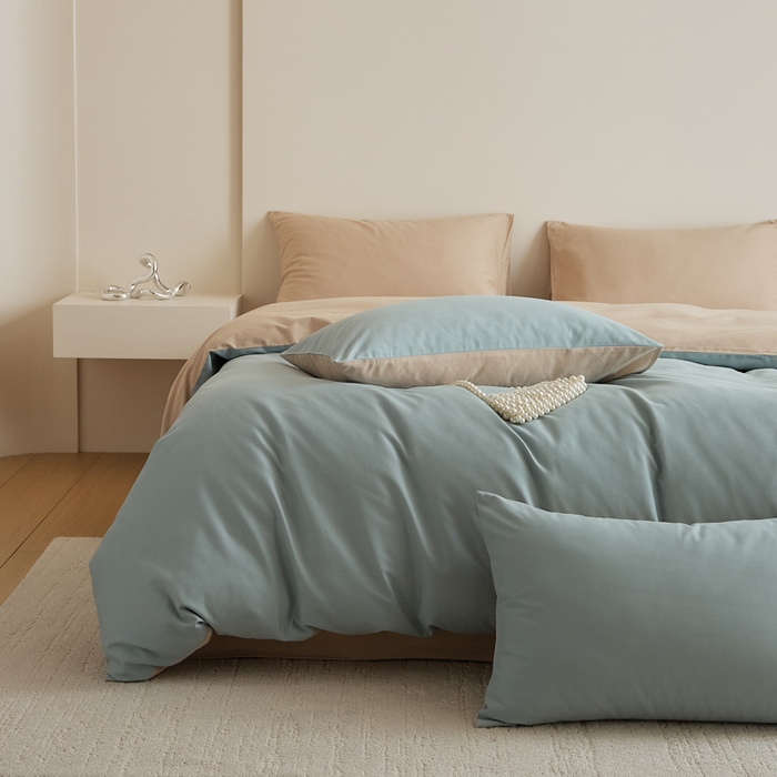 91家纺网 家纺一手货源 找家纺 眷恋家纺 2025新款A类全棉贡缎磨毛双拼色四件套 蓝黛