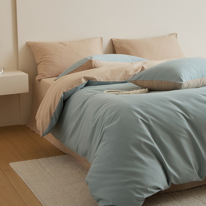 91家纺网 家纺一手货源 找家纺 眷恋家纺 2025新款A类全棉贡缎磨毛双拼色四件套 蓝黛