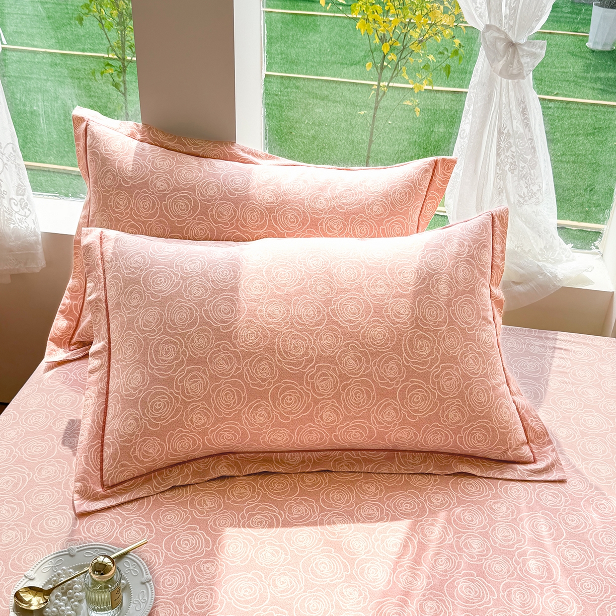 壹贝家纺 2025新款A类100%全棉纯棉磨毛枕套单枕套枕套单件 玫瑰情缘-粉