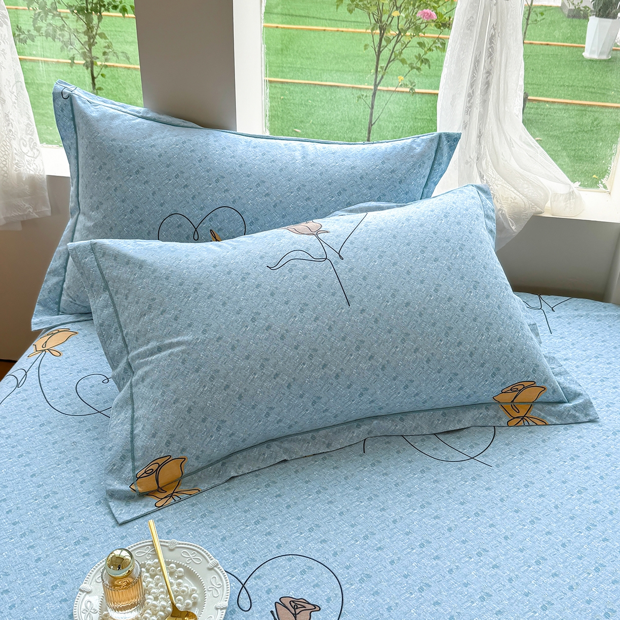 壹贝家纺 2025新款A类100%全棉纯棉磨毛枕套单枕套枕套单件 小香玉-蓝