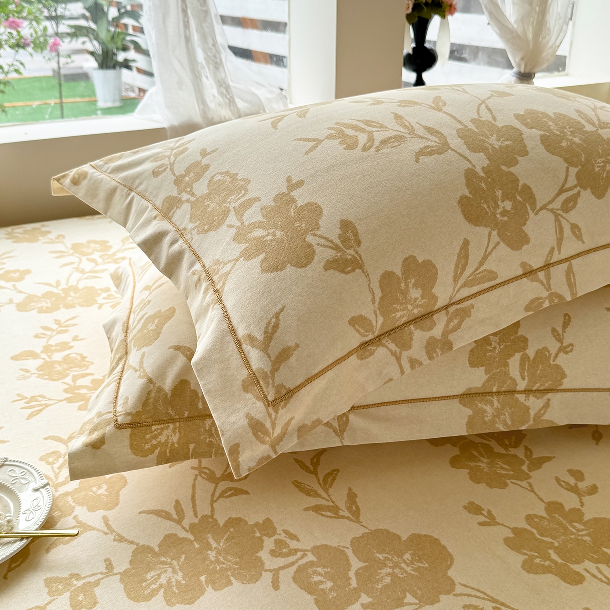 91家纺网 家纺一手货源 找家纺 壹贝家纺 2025新款A类100%全棉纯棉磨毛枕套单枕套枕套单件 梅花印-黄