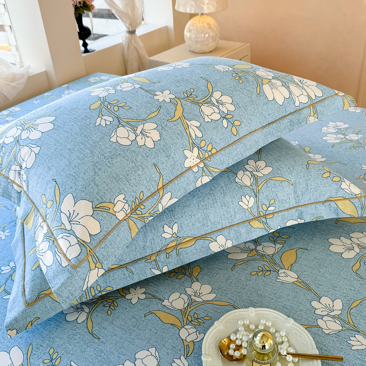 91家纺网 家纺一手货源 找家纺 壹贝家纺 2025新款A类100%全棉纯棉磨毛枕套单枕套枕套单件 蓝莲花