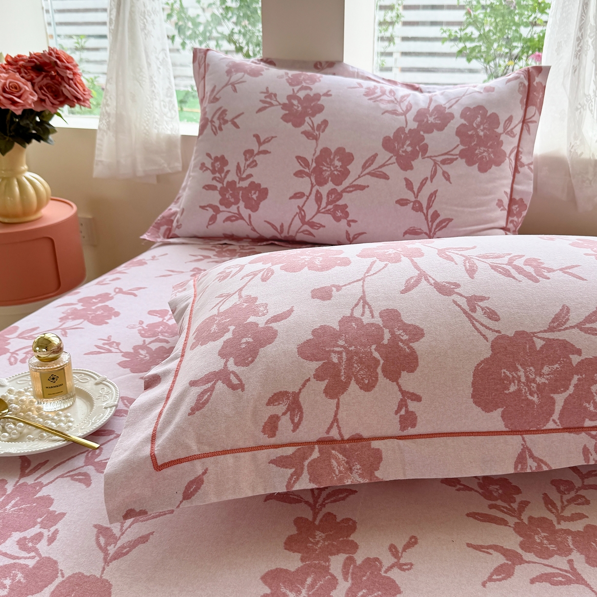 91家纺网 家纺一手货源 找家纺 壹贝家纺 2025新款A类100%全棉纯棉磨毛枕套单枕套枕套单件 梅花印-粉