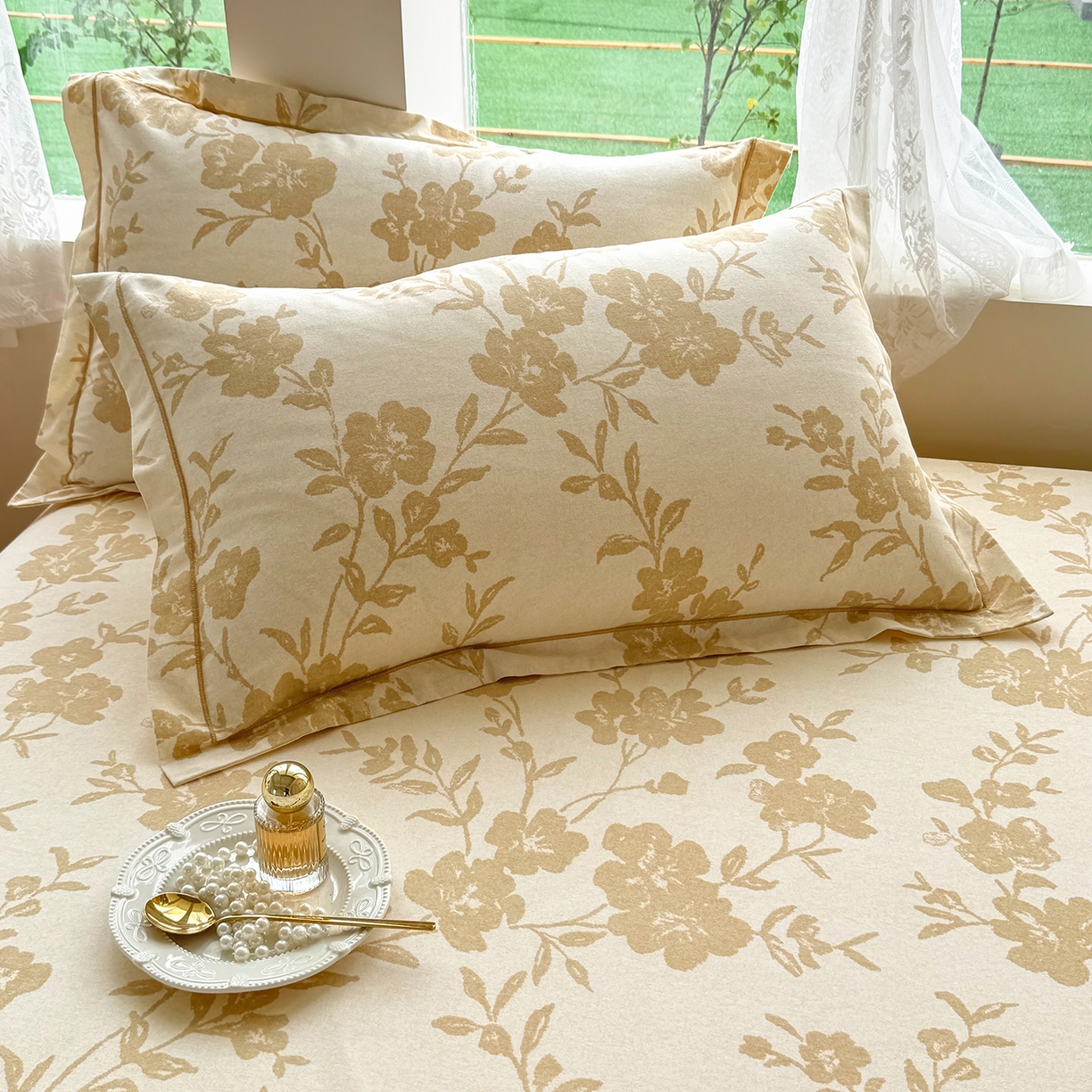 壹贝家纺 2025新款A类100%全棉纯棉磨毛枕套单枕套枕套单件 梅花印-黄