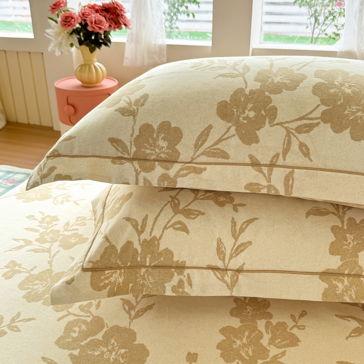 91家纺网 家纺一手货源 找家纺 壹贝家纺 2025新款A类100%全棉纯棉磨毛枕套单枕套枕套单件 梅花印-黄