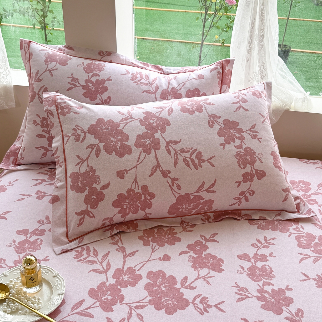 壹贝家纺 2025新款A类100%全棉纯棉磨毛枕套单枕套枕套单件 梅花印-粉