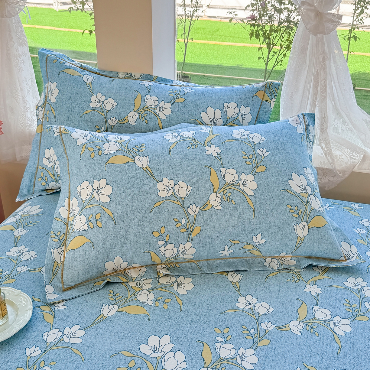 壹贝家纺 2025新款A类100%全棉纯棉磨毛枕套单枕套枕套单件 蓝莲花