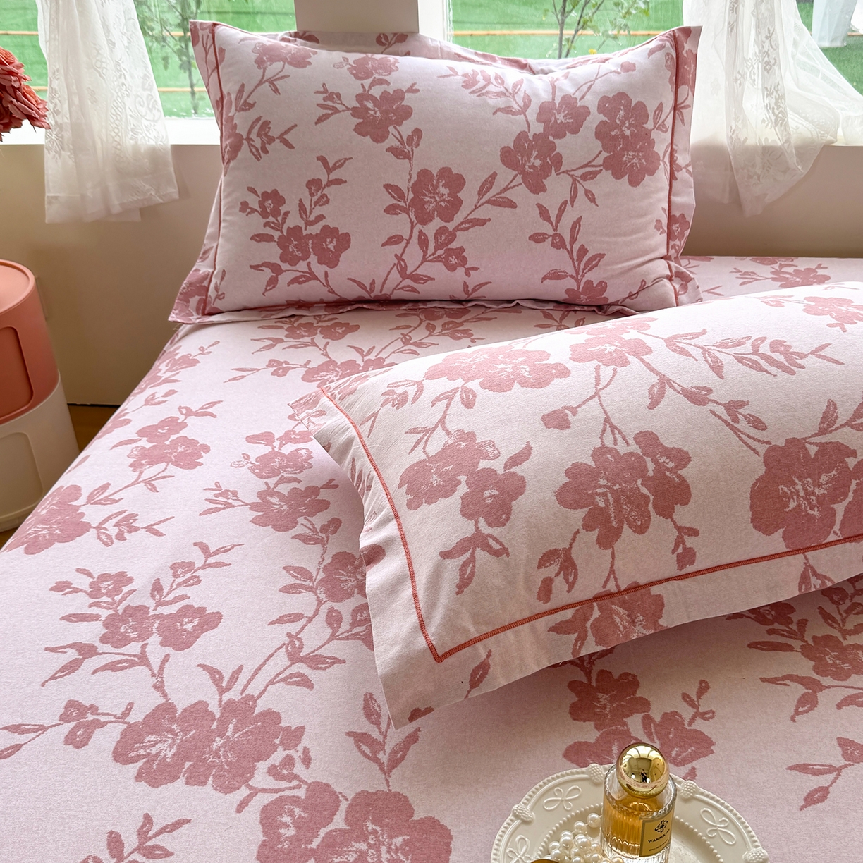 91家纺网 家纺一手货源 找家纺 壹贝家纺 2025新款A类100%全棉纯棉磨毛枕套单枕套枕套单件 梅花印-粉