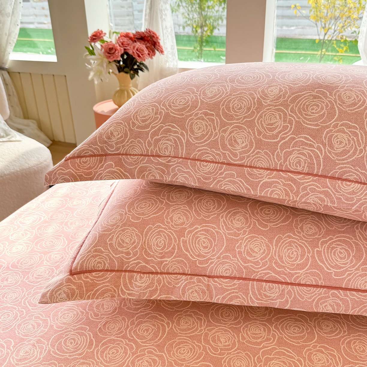 91家纺网 家纺一手货源 找家纺 壹贝家纺 2025新款A类100%全棉纯棉磨毛枕套单枕套枕套单件 玫瑰情缘-粉