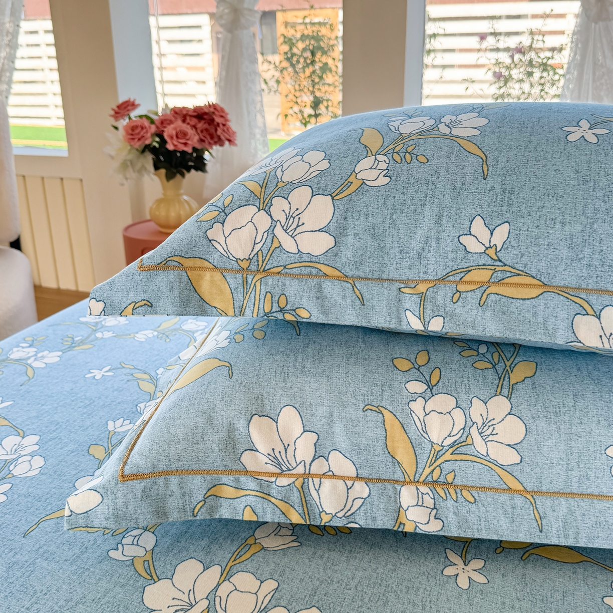 91家纺网 家纺一手货源 找家纺 壹贝家纺 2025新款A类100%全棉纯棉磨毛枕套单枕套枕套单件 蓝莲花