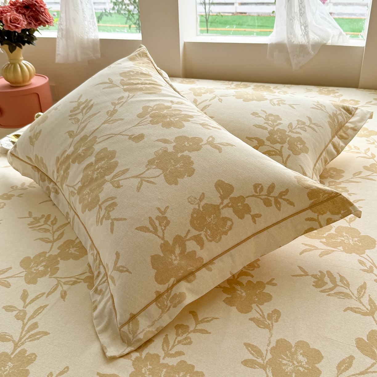 91家纺网 家纺一手货源 找家纺 壹贝家纺 2025新款A类100%全棉纯棉磨毛枕套单枕套枕套单件 梅花印-黄