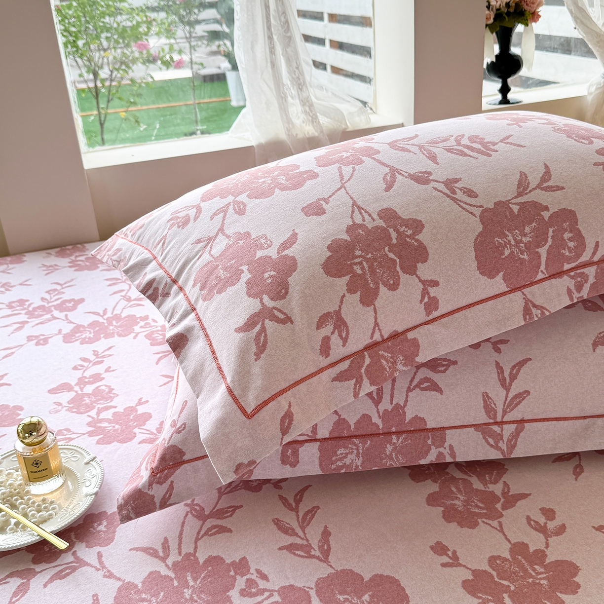 91家纺网 家纺一手货源 找家纺 壹贝家纺 2025新款A类100%全棉纯棉磨毛枕套单枕套枕套单件 梅花印-粉