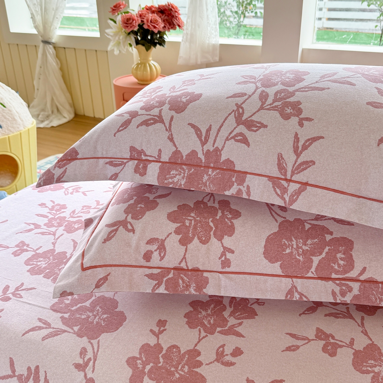 91家纺网 家纺一手货源 找家纺 壹贝家纺 2025新款A类100%全棉纯棉磨毛枕套单枕套枕套单件 梅花印-粉