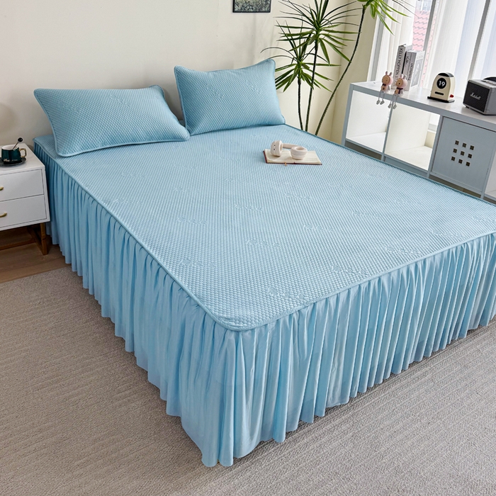 91家纺网 家纺一手货源 找家纺 梵克保罗 2025春夏新款5D席豆豆床裙款凉席席子 北欧-蓝