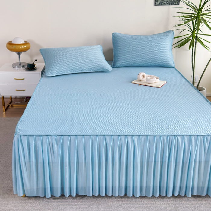 91家纺网 家纺一手货源 找家纺 梵克保罗 2025春夏新款5D席豆豆床裙款凉席席子 北欧-蓝