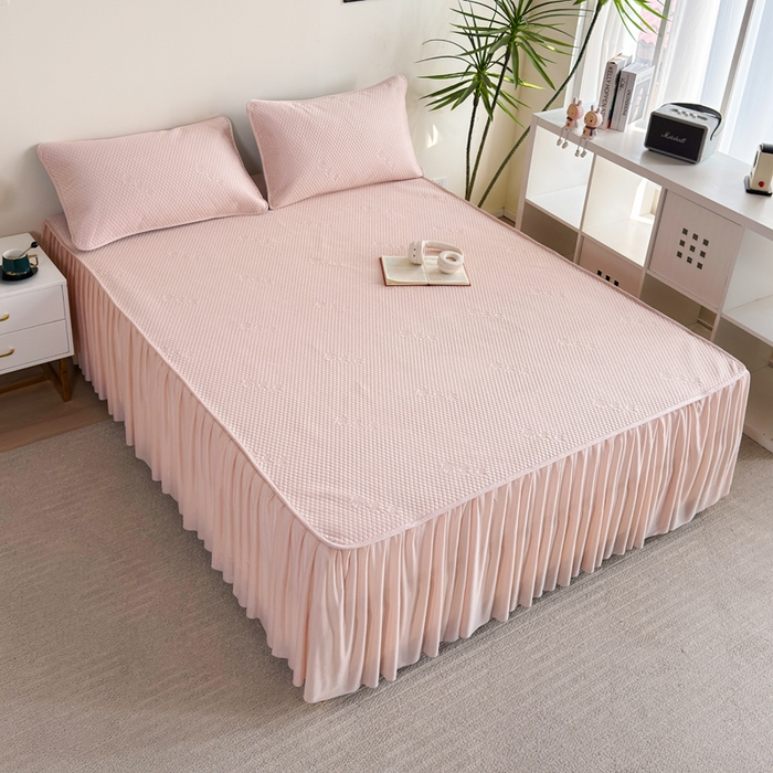 91家纺网 家纺一手货源 找家纺 梵克保罗 2025春夏新款5D席豆豆床裙款凉席席子 北欧-粉