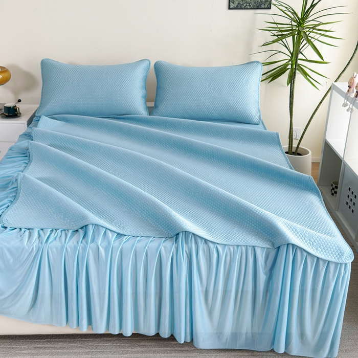 91家纺网 家纺一手货源 找家纺 梵克保罗 2025春夏新款5D席豆豆床裙款凉席席子 北欧-蓝