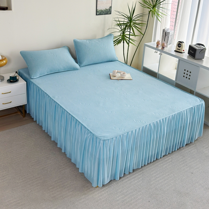 91家纺网 家纺一手货源 找家纺 梵克保罗 2025春夏新款5D席豆豆床裙款凉席席子 北欧-蓝