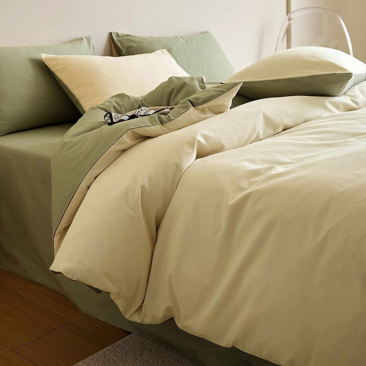 91家纺网 家纺一手货源 找家纺 眷恋家纺 2025新款A类全棉贡缎磨毛双拼色四件套 林昔