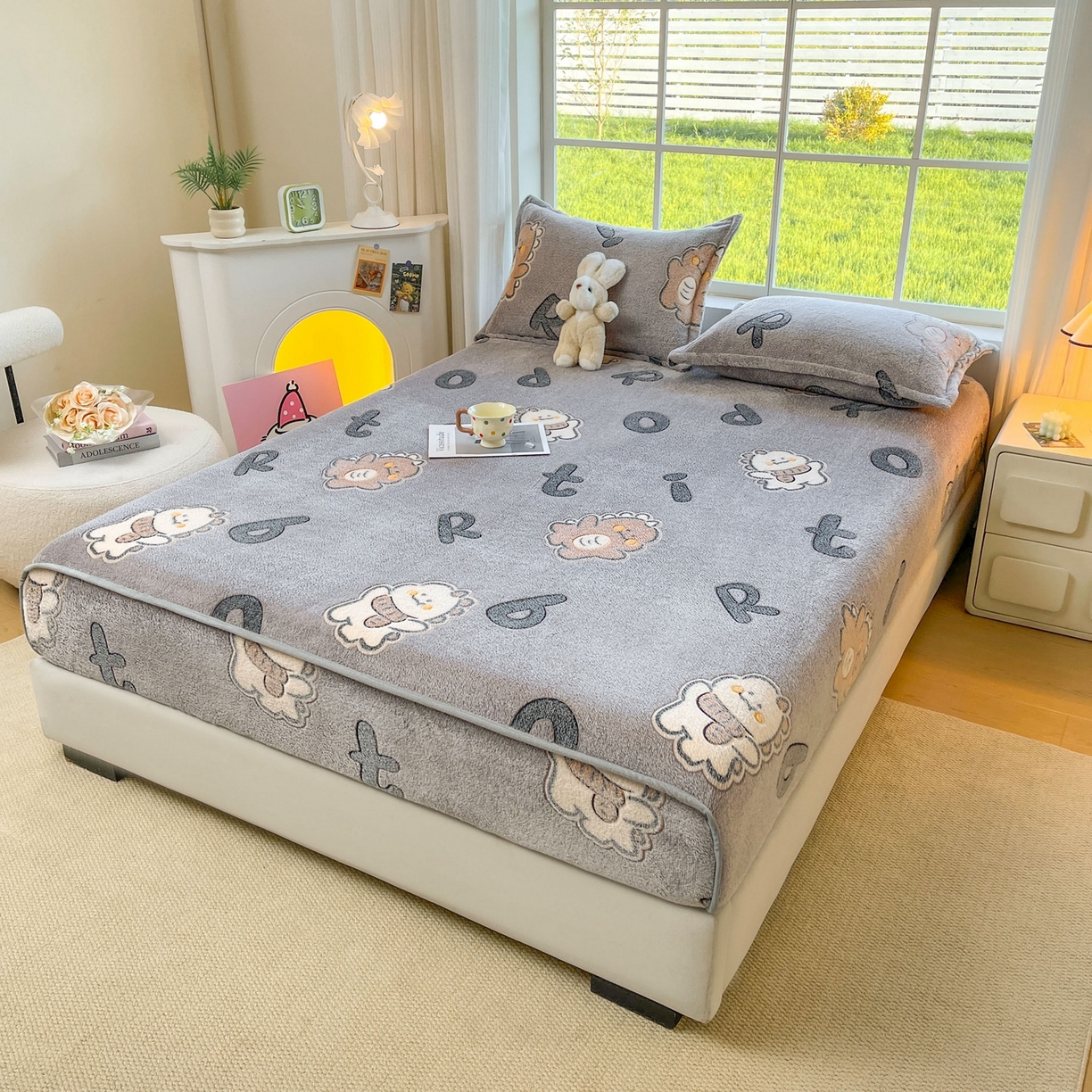 91家纺网 家纺一手货源 找家纺 牵梦萦家纺 2025新款雪花绒立体包边床笠 波波龙