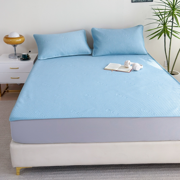 91家纺网 家纺一手货源 找家纺 梵克保罗 2025春夏新款5D席豆豆床笠款凉席席子 简约-蓝