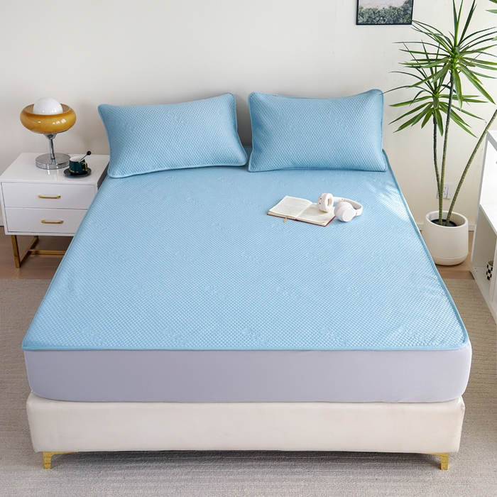 91家纺网 家纺一手货源 找家纺 梵克保罗 2025春夏新款5D席豆豆床笠款凉席席子 简约-蓝