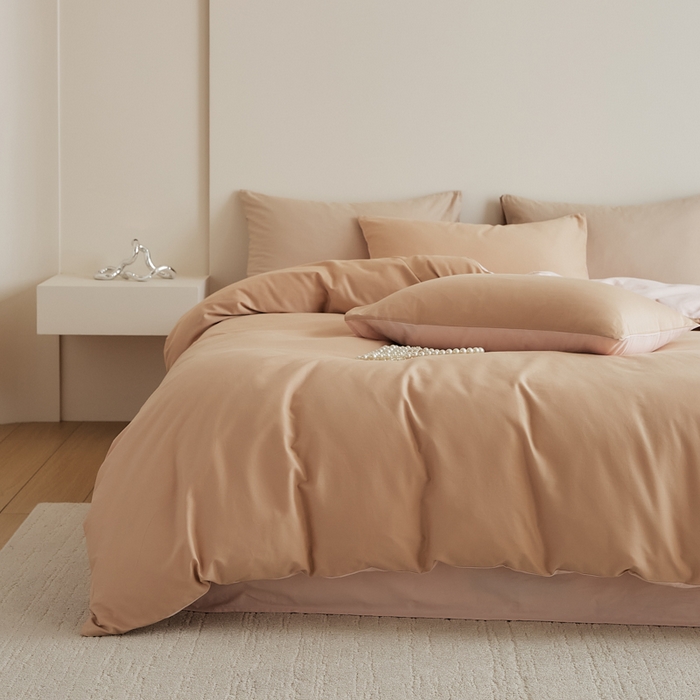 91家纺网 家纺一手货源 找家纺 眷恋家纺 2025新款A类全棉贡缎磨毛双拼色四件套 奶咖