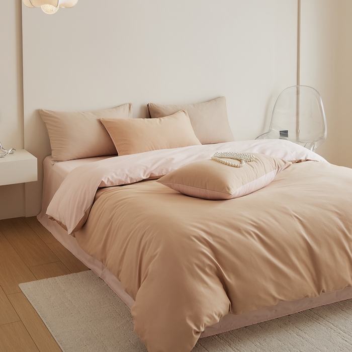 91家纺网 家纺一手货源 找家纺 眷恋家纺 2025新款A类全棉贡缎磨毛双拼色四件套 奶咖