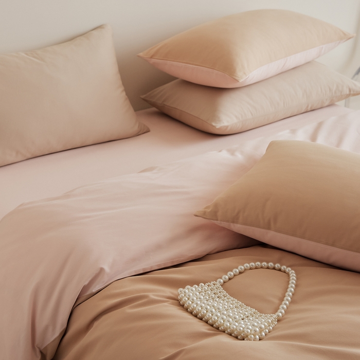 91家纺网 家纺一手货源 找家纺 眷恋家纺 2025新款A类全棉贡缎磨毛双拼色四件套 奶咖