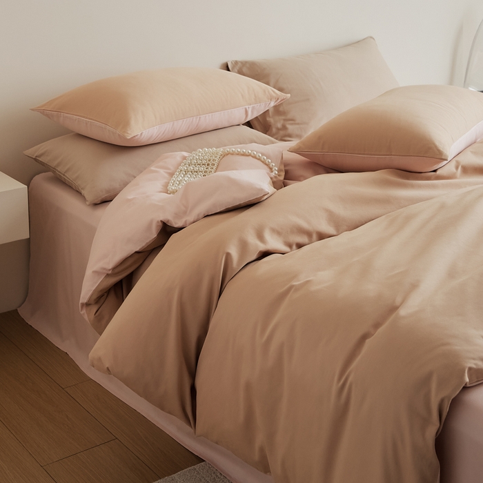 91家纺网 家纺一手货源 找家纺 眷恋家纺 2025新款A类全棉贡缎磨毛双拼色四件套 奶咖