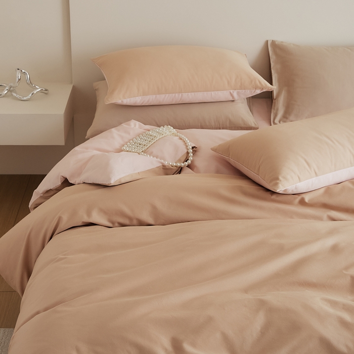 91家纺网 家纺一手货源 找家纺 眷恋家纺 2025新款A类全棉贡缎磨毛双拼色四件套 奶咖