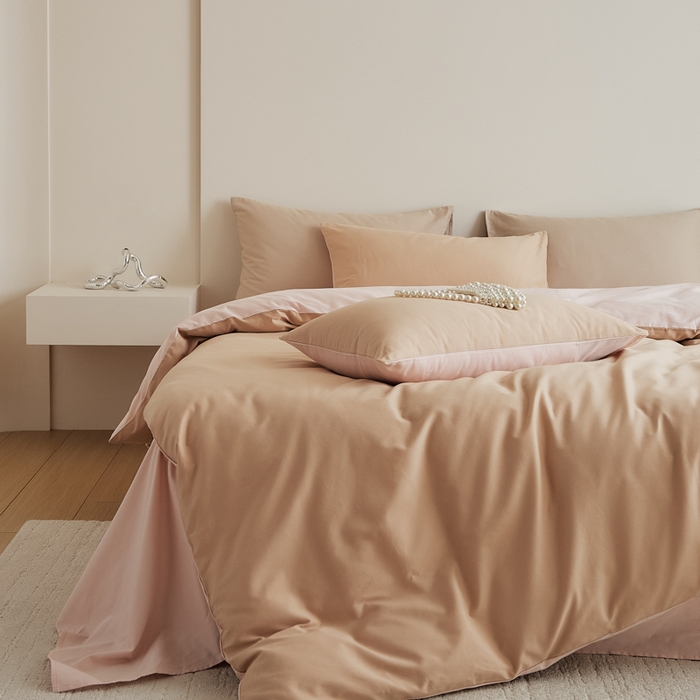 91家纺网 家纺一手货源 找家纺 眷恋家纺 2025新款A类全棉贡缎磨毛双拼色四件套 奶咖