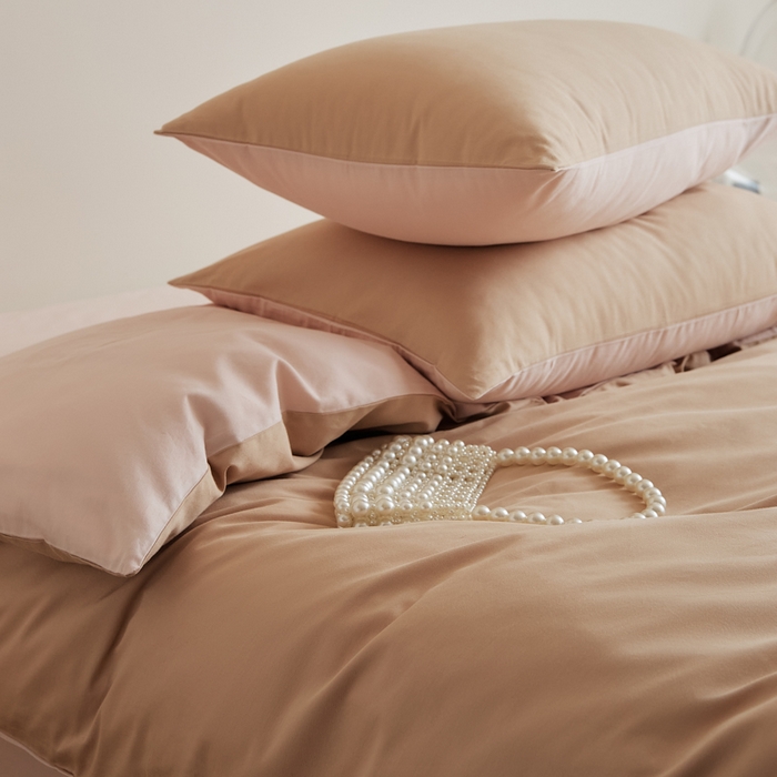 91家纺网 家纺一手货源 找家纺 眷恋家纺 2025新款A类全棉贡缎磨毛双拼色四件套 奶咖