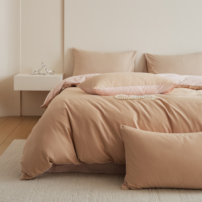 91家纺网 家纺一手货源 找家纺 眷恋家纺 2025新款A类全棉贡缎磨毛双拼色四件套 奶咖