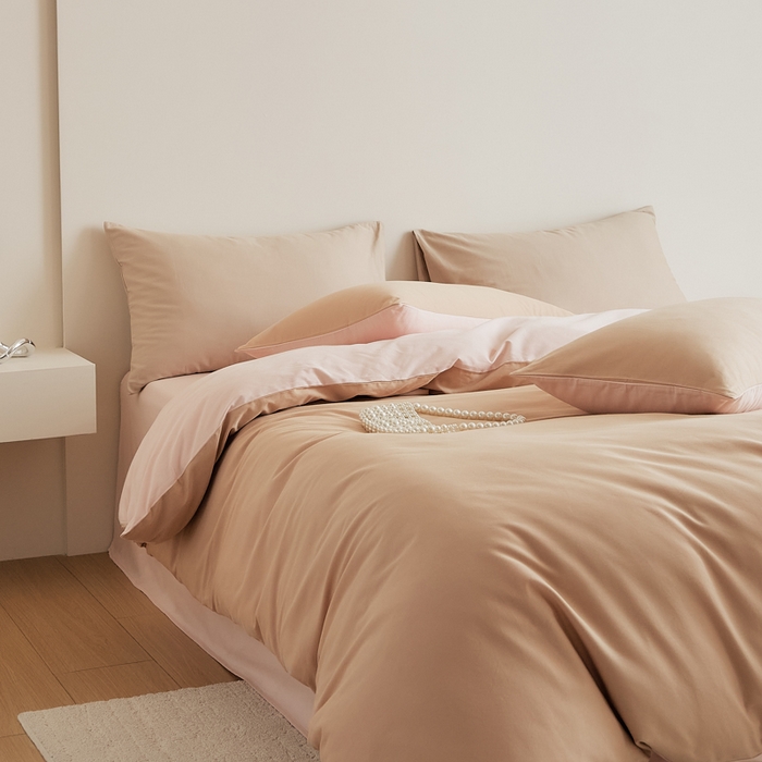 91家纺网 家纺一手货源 找家纺 眷恋家纺 2025新款A类全棉贡缎磨毛双拼色四件套 奶咖