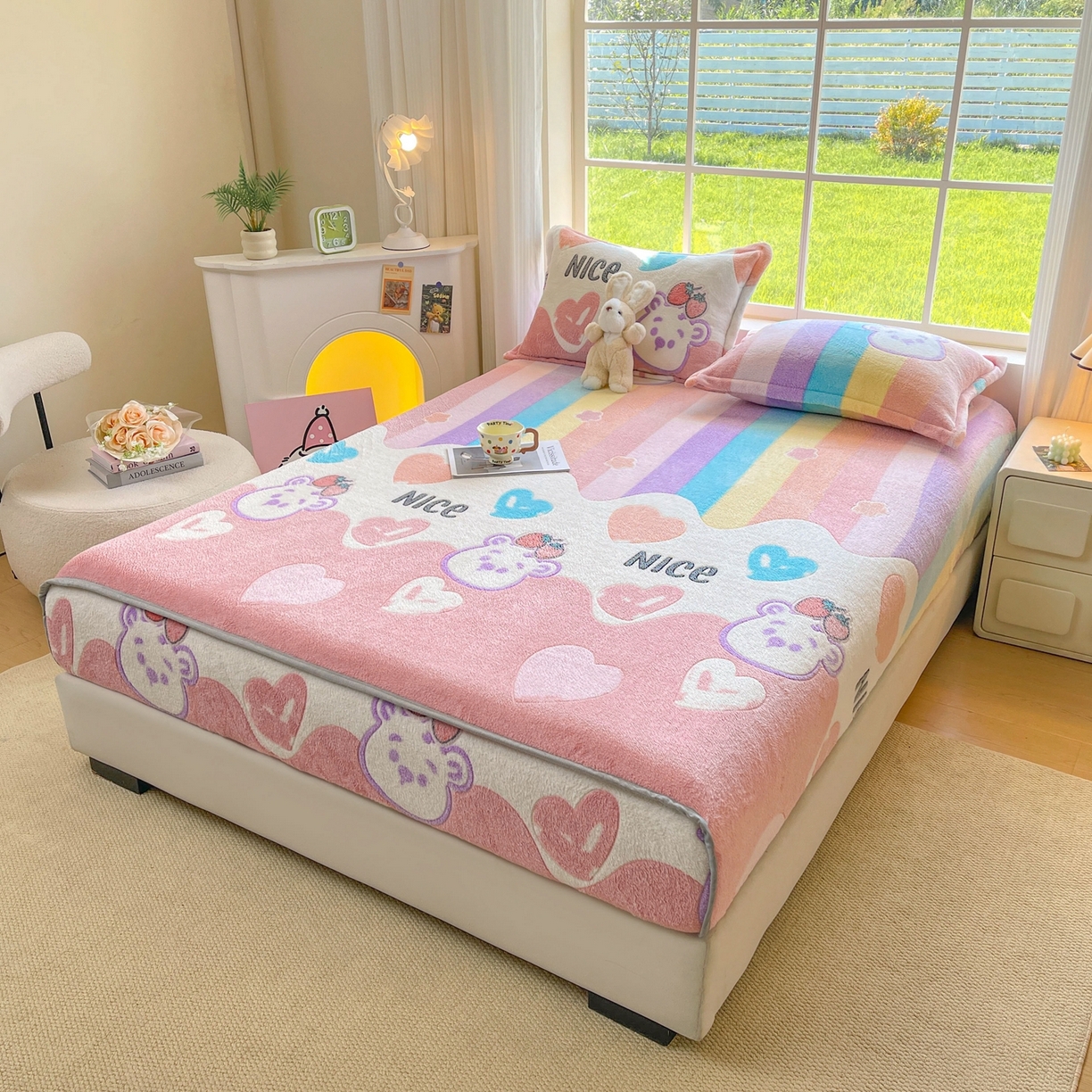 91家纺网 家纺一手货源 找家纺 牵梦萦家纺 2025新款雪花绒立体包边床笠 彩虹爱心