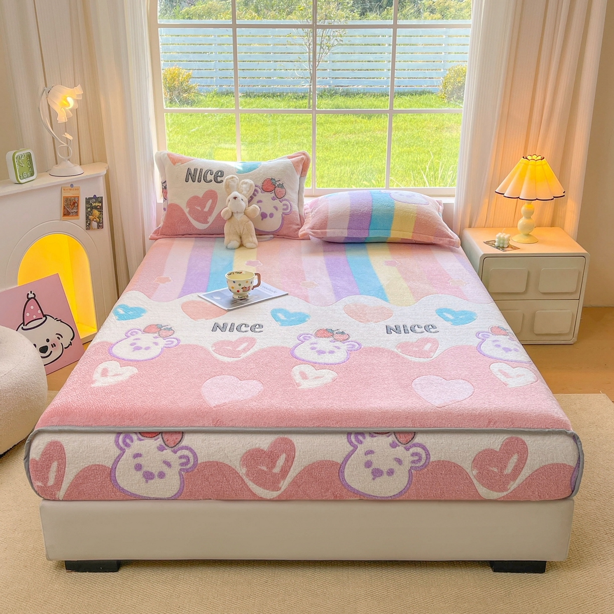 91家纺网 家纺一手货源 找家纺 牵梦萦家纺 2025新款雪花绒立体包边床笠 彩虹爱心