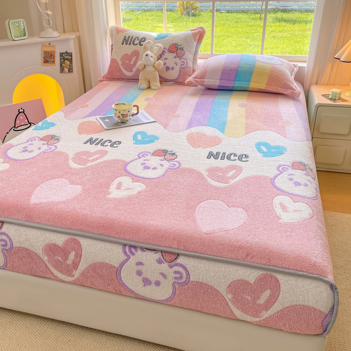 91家纺网 家纺一手货源 找家纺 牵梦萦家纺 2025新款雪花绒立体包边床笠 彩虹爱心