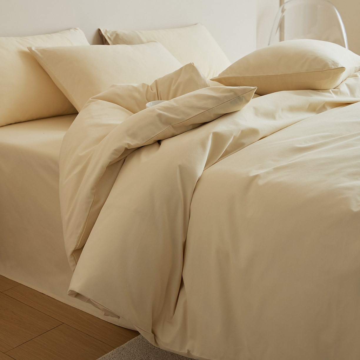 91家纺网 家纺一手货源 找家纺 眷恋家纺 2025新款A类全棉贡缎磨毛双拼色四件套 奶昔