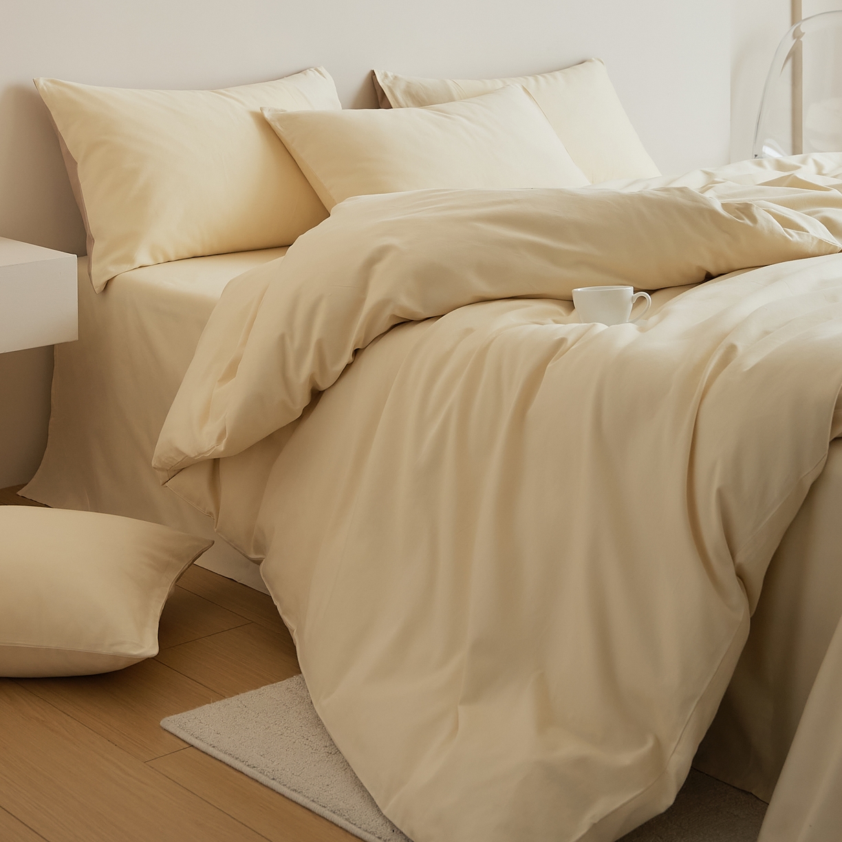 91家纺网 家纺一手货源 找家纺 眷恋家纺 2025新款A类全棉贡缎磨毛双拼色四件套 奶昔