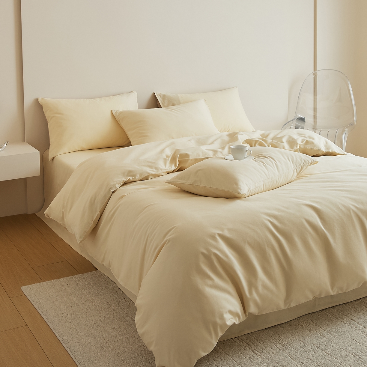 91家纺网 家纺一手货源 找家纺 眷恋家纺 2025新款A类全棉贡缎磨毛双拼色四件套 奶昔