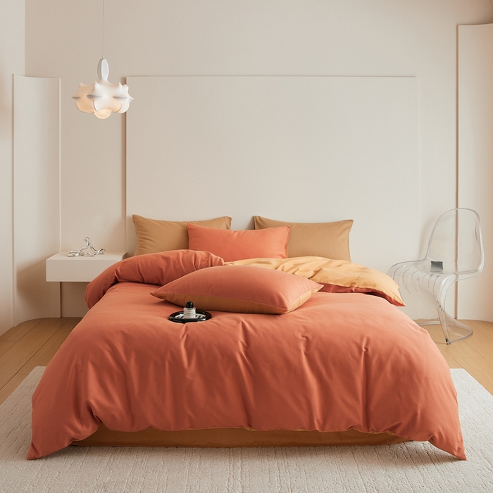 眷恋家纺 2025新款A类全棉贡缎磨毛双拼色四件套 暖阳