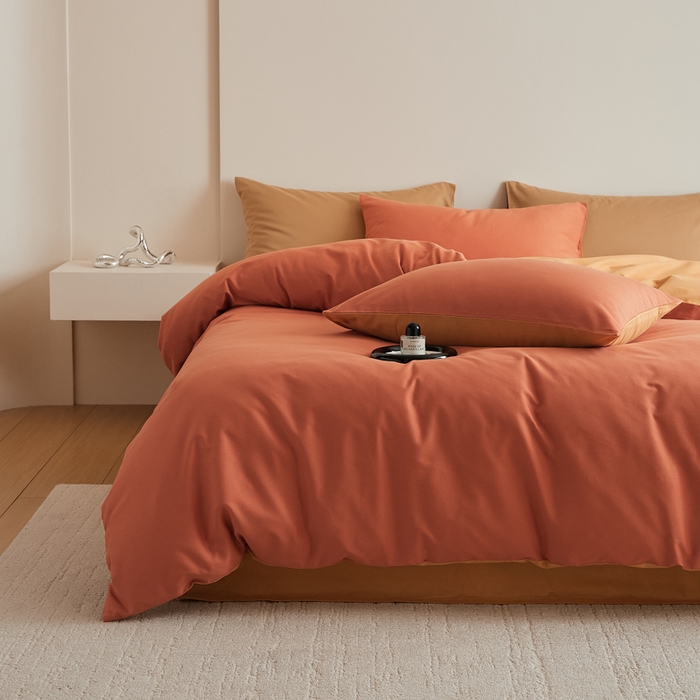 91家纺网 家纺一手货源 找家纺 眷恋家纺 2025新款A类全棉贡缎磨毛双拼色四件套 暖阳