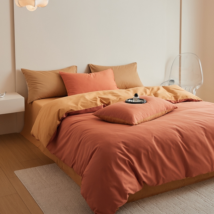 91家纺网 家纺一手货源 找家纺 眷恋家纺 2025新款A类全棉贡缎磨毛双拼色四件套 暖阳